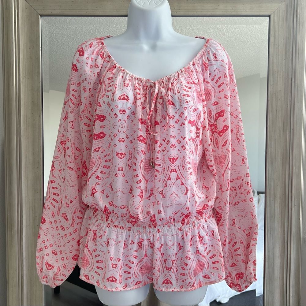 ELLEN TRACEY Pink-White Silky Long Sleeve Blouse Size S.